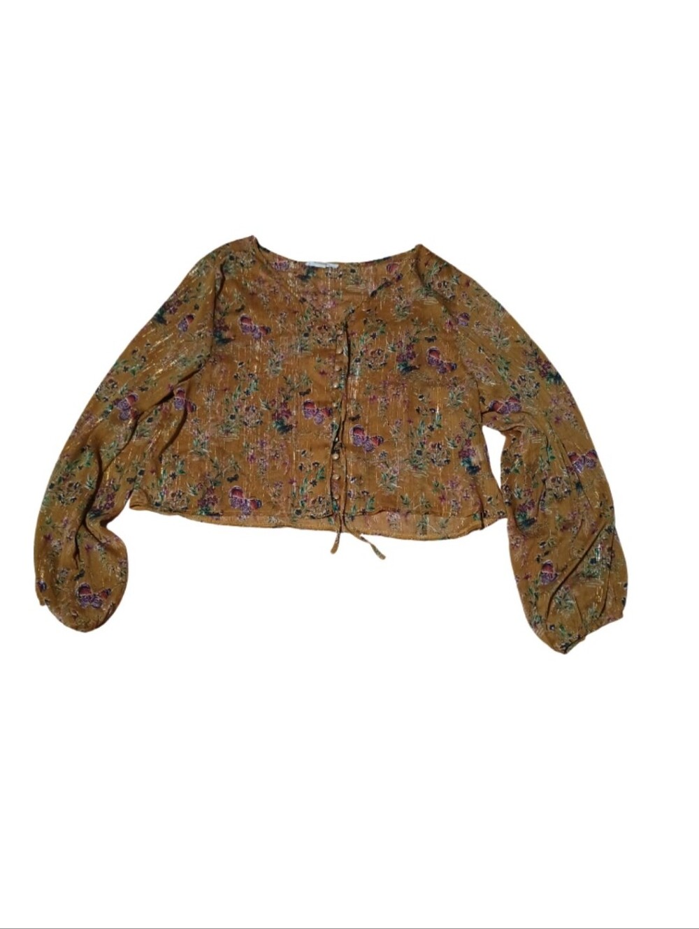 Love Riche Mustard Floral Button-Tie Peasant Blouse